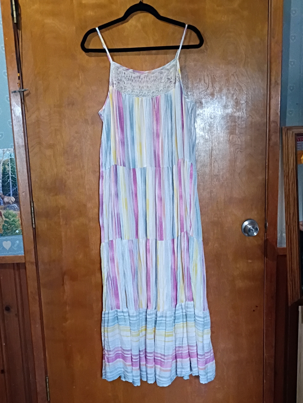 XL LC Lauren Conrad Pastel Striped Maxi Dress With Crochet Yoke Summer Lounge